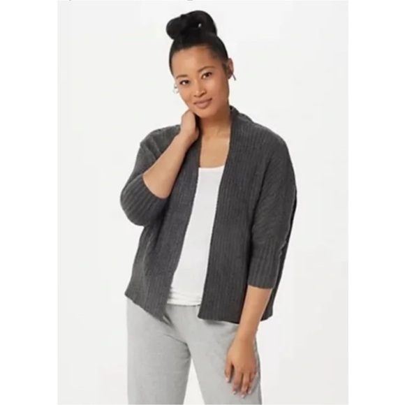 Barefoot Dreams CozyChic Lite Ribbed Shrug Cardigan Dolman Open Front Brown Gray - Picture 10 of 10